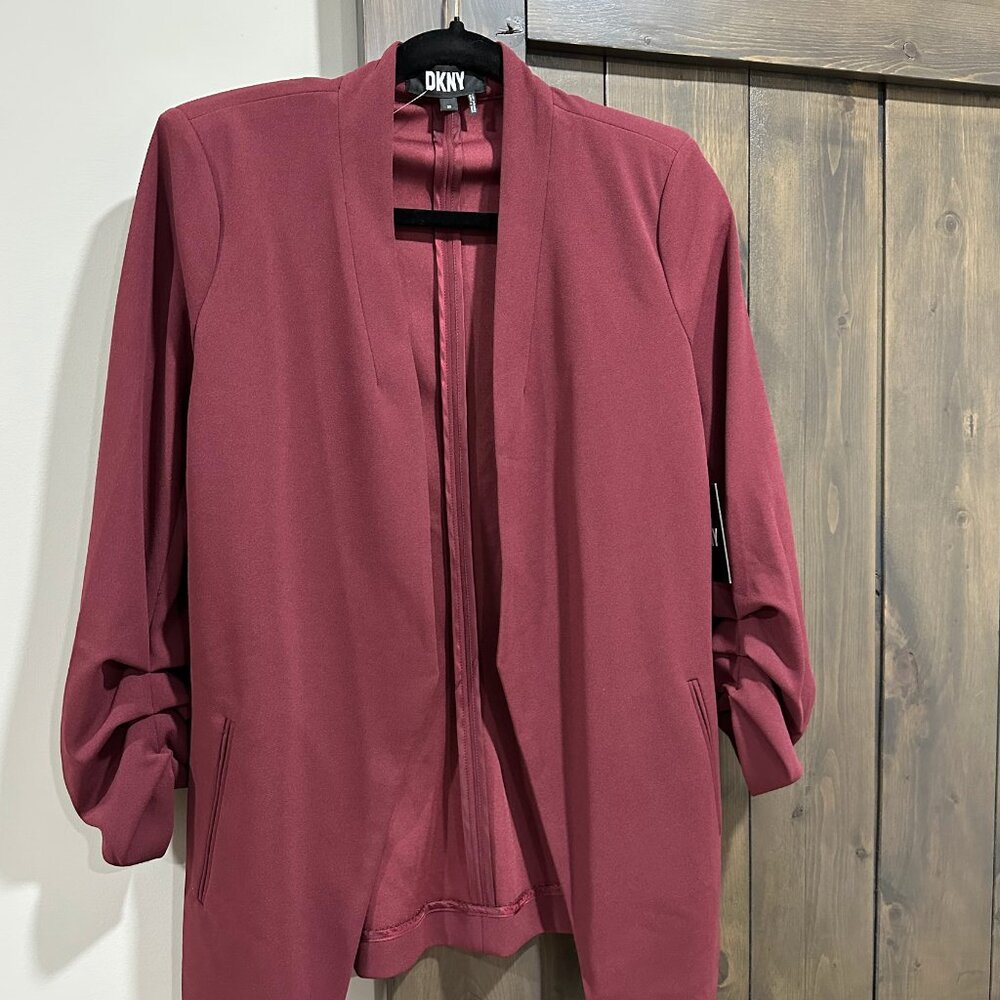 NWT DKNY Womens Maroon Crepe Long Sleeves Open-Front Blazer Jacket XS